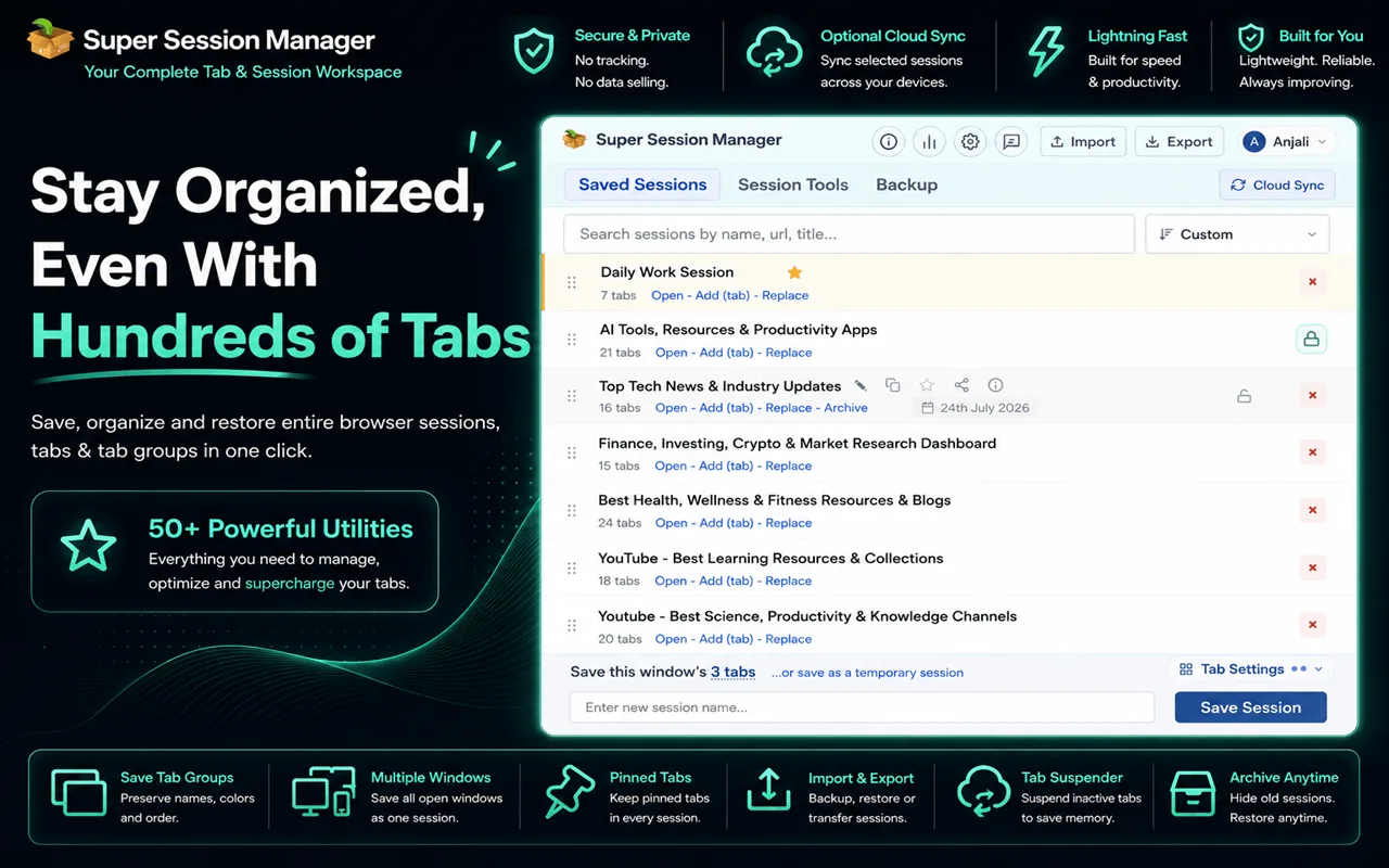 Super Session Manager saved sessions list with cloud sync and reliability features highlighted