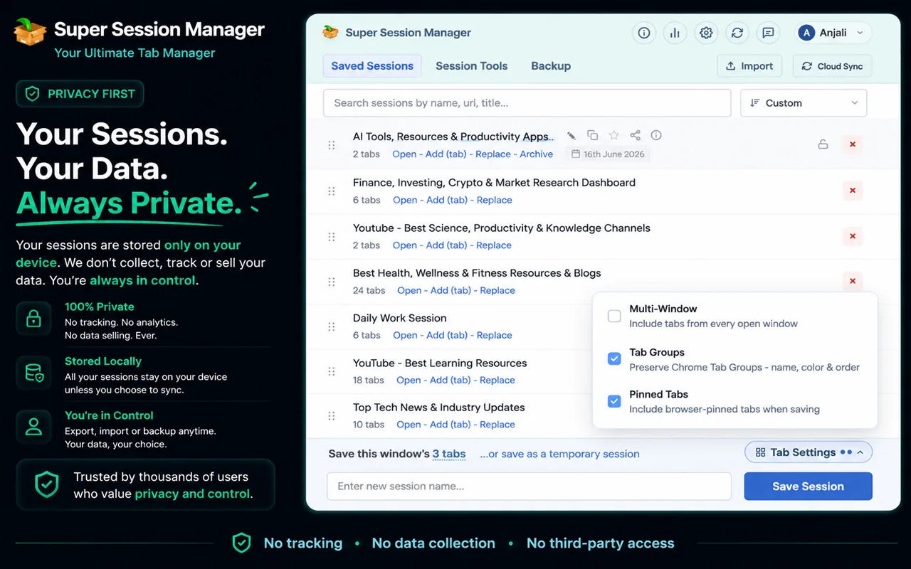 Super Session Manager save session screen with options to include tab groups and pinned tabs