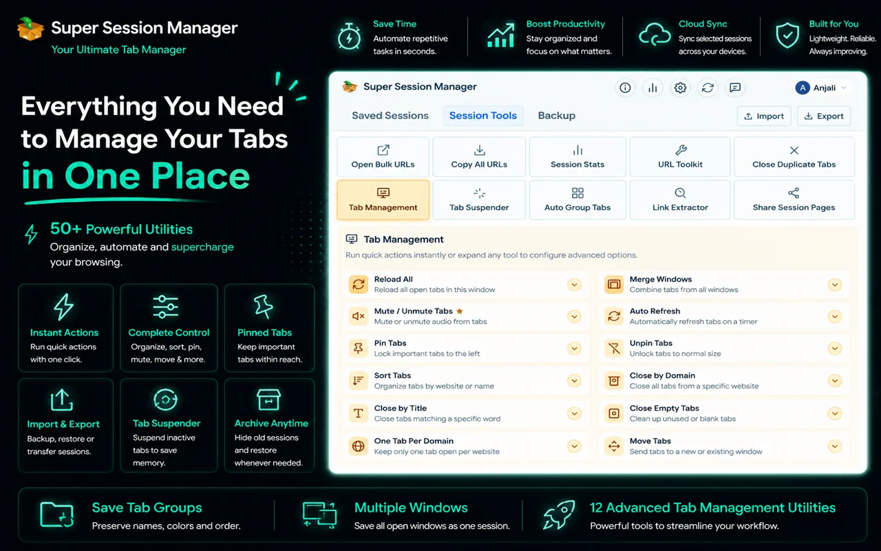 Super Session Manager Tab Management panel with bulk actions for pinning, sorting, closing, and merging tabs