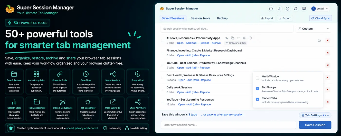 Super Session Manager's 50+ powerful tools for tab and session management shown alongside its popup interface