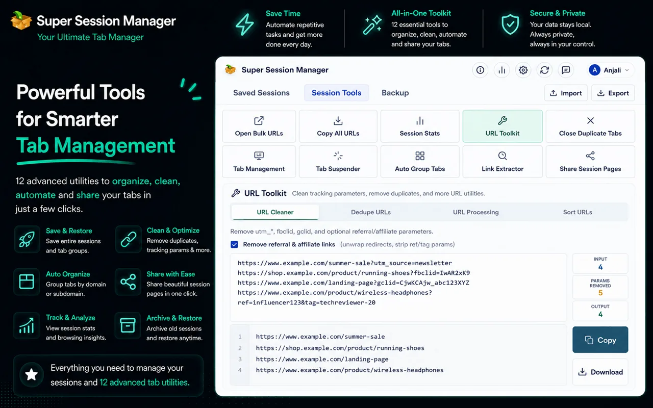 Super Session Manager URL Cleaner removing utm_source, fbclid, gclid, and referral tracking parameters from a list of URLs
