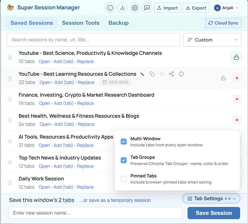 Sesiones guardadas en Super Session Manager con ajustes de pestañas: multiventana, grupos de pestañas y pestañas ancladas