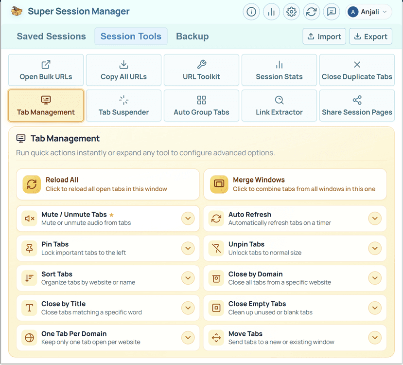 Pestaña Session Tools en Super Session Manager: diez utilidades de URL integradas